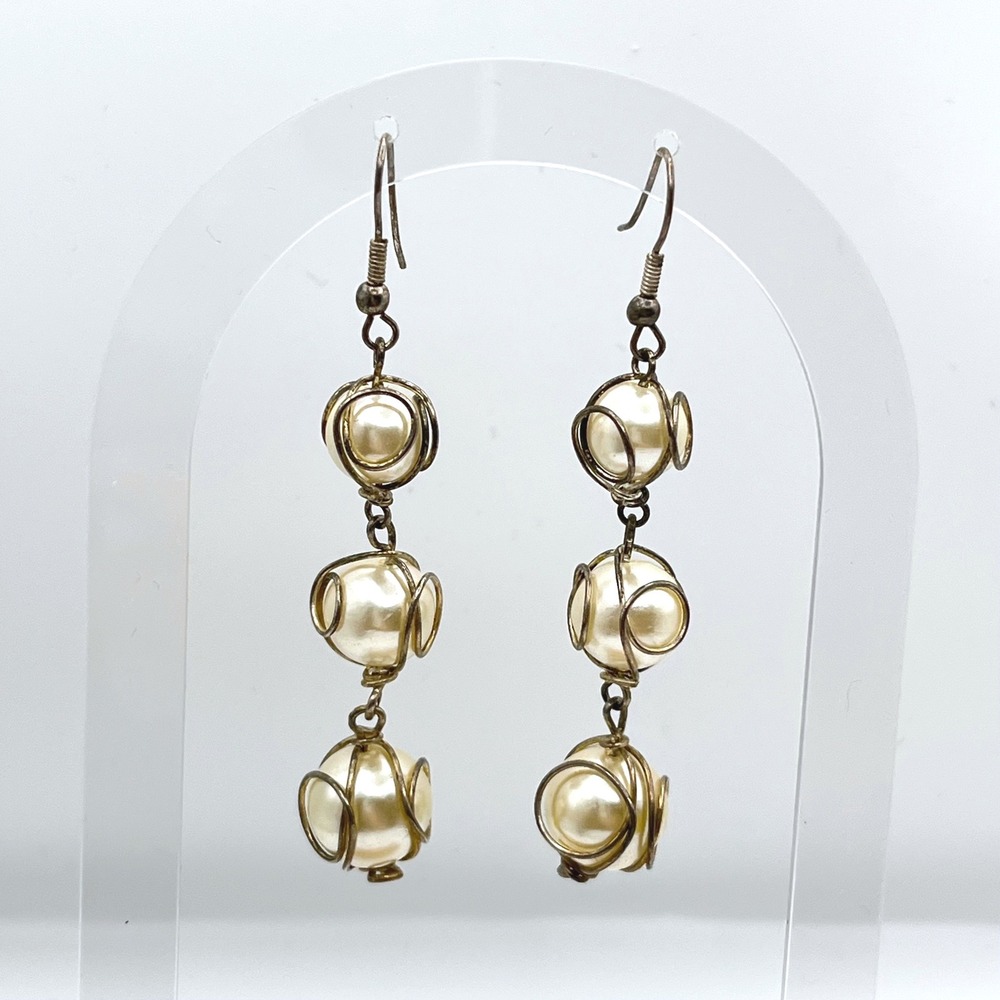 Wire Wrapped Faux Pearl Cage Drop Earrings Silver Tone Triple‎ Tiered Boho Orbs